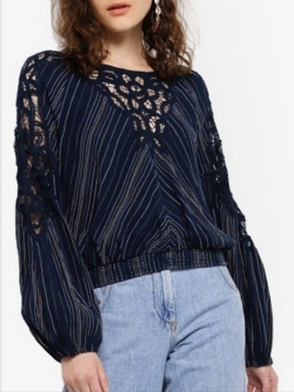 Free People Top, Size L, Lacy, Embroidered, 100% Cotton, Dark Blue